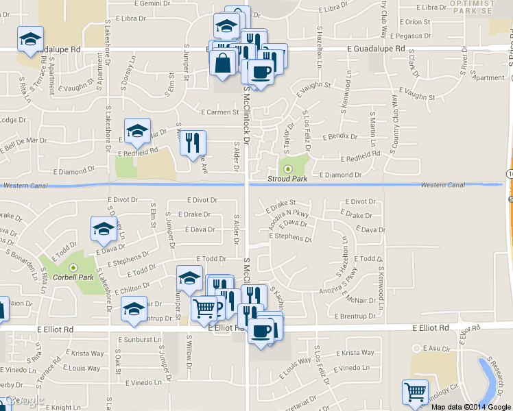 map of restaurants, bars, coffee shops, grocery stores, and more near 7086 South Heather Drive in Tempe