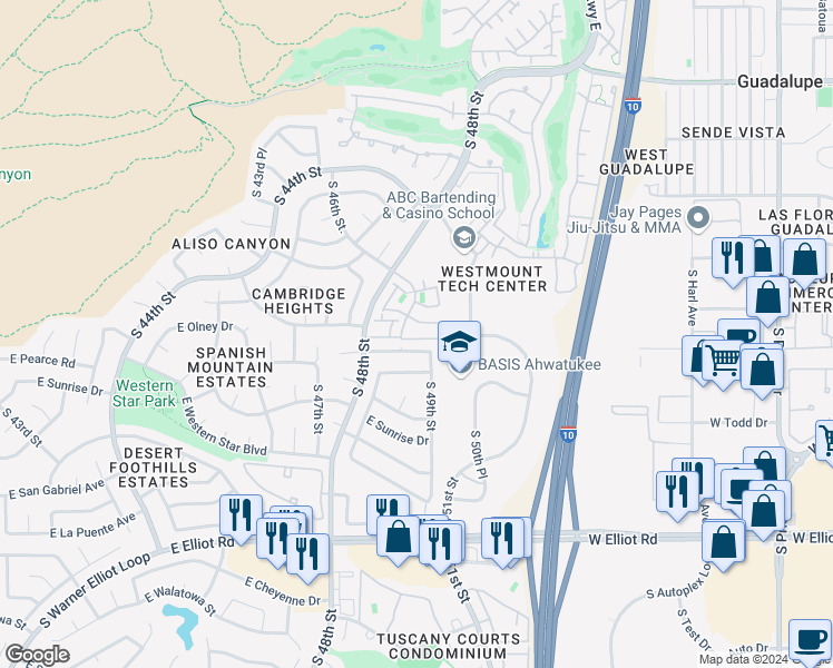 map of restaurants, bars, coffee shops, grocery stores, and more near 4848 East Mineral Road in Phoenix
