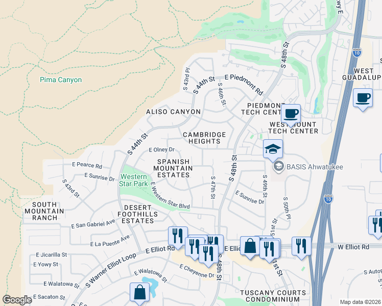 map of restaurants, bars, coffee shops, grocery stores, and more near 10021 South 46th Place in Phoenix