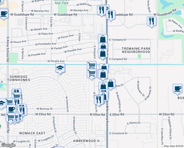 map of restaurants, bars, coffee shops, grocery stores, and more near 3480 North San Marcos Place in Chandler