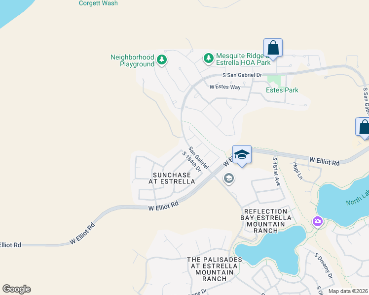 map of restaurants, bars, coffee shops, grocery stores, and more near 10005 South 184th Drive in Goodyear