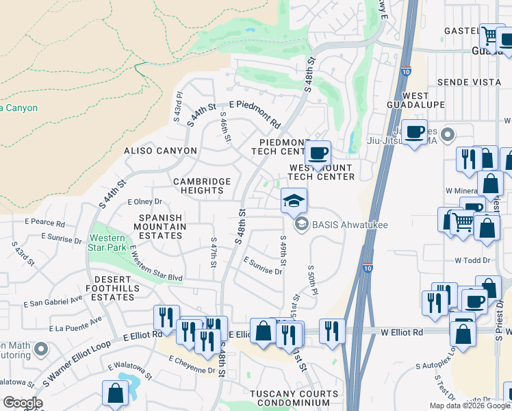 map of restaurants, bars, coffee shops, grocery stores, and more near 18 East Mineral Road in Phoenix