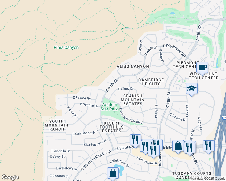 map of restaurants, bars, coffee shops, grocery stores, and more near 10012 South 44th Place in Phoenix
