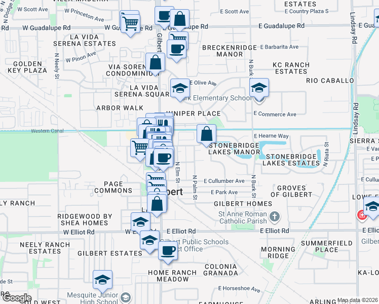 map of restaurants, bars, coffee shops, grocery stores, and more near 310 1/2 North Palm Street in Gilbert