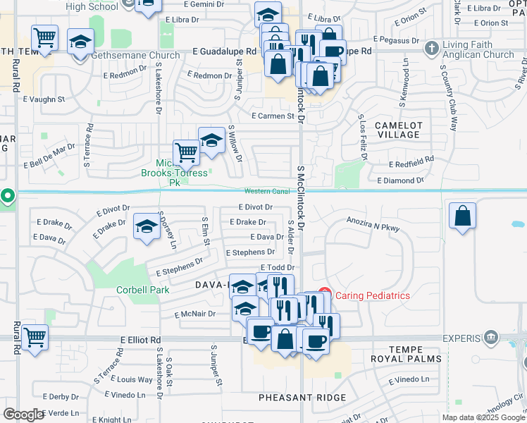map of restaurants, bars, coffee shops, grocery stores, and more near 1701 East Divot Drive in Tempe