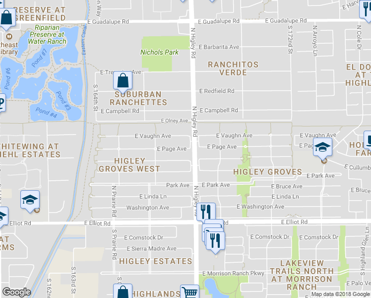 map of restaurants, bars, coffee shops, grocery stores, and more near 3199 East Page Avenue in Gilbert
