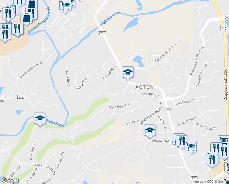 map of restaurants, bars, coffee shops, grocery stores, and more near 5 Chase Plantation Parkway in Birmingham