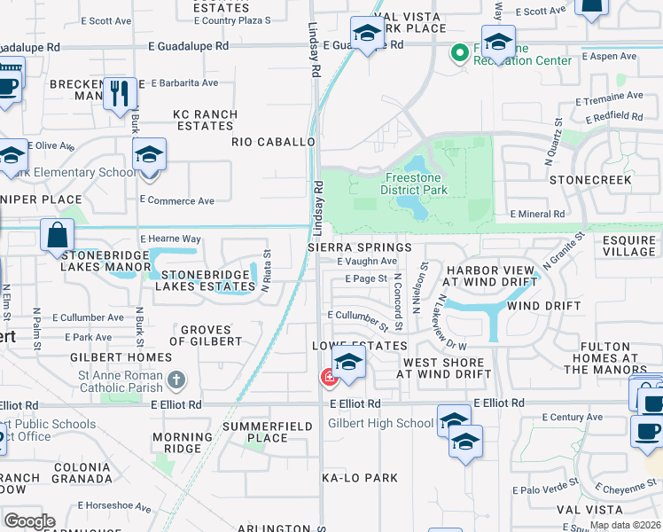 map of restaurants, bars, coffee shops, grocery stores, and more near 819 East Vaughn Avenue in Gilbert