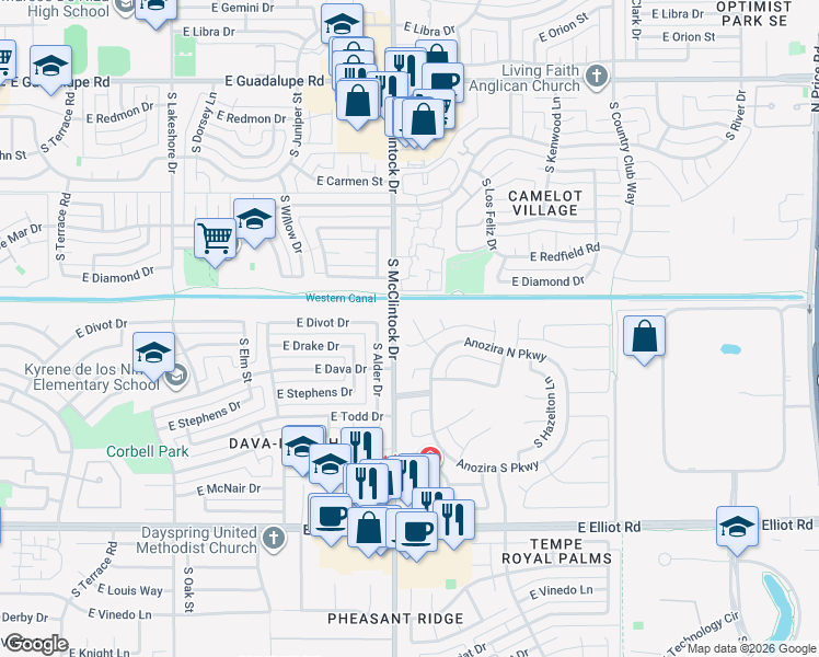 map of restaurants, bars, coffee shops, grocery stores, and more near 7086 South Heather Drive in Tempe