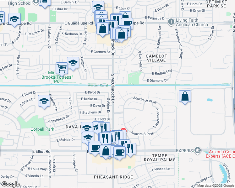 map of restaurants, bars, coffee shops, grocery stores, and more near 7086 South Heather Drive in Tempe