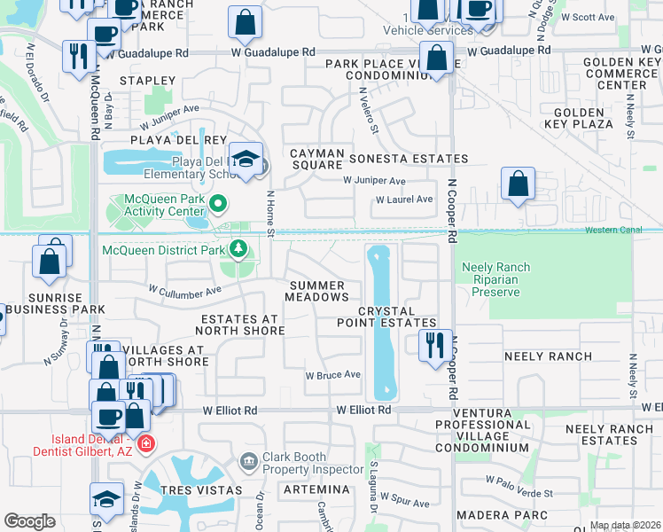 map of restaurants, bars, coffee shops, grocery stores, and more near 1092 West Vaughn Avenue in Gilbert