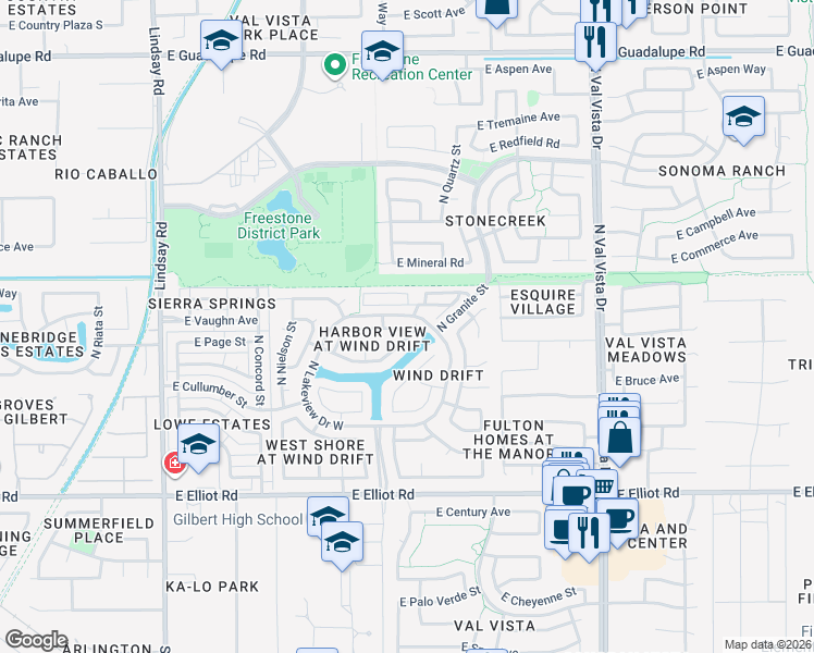 map of restaurants, bars, coffee shops, grocery stores, and more near 1302 East Artesian Way in Gilbert