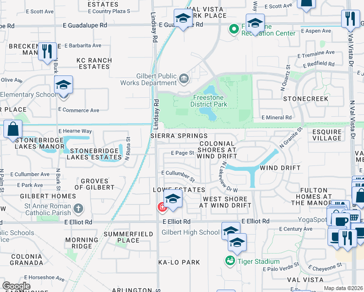 map of restaurants, bars, coffee shops, grocery stores, and more near 901 East Vaughn Avenue in Gilbert