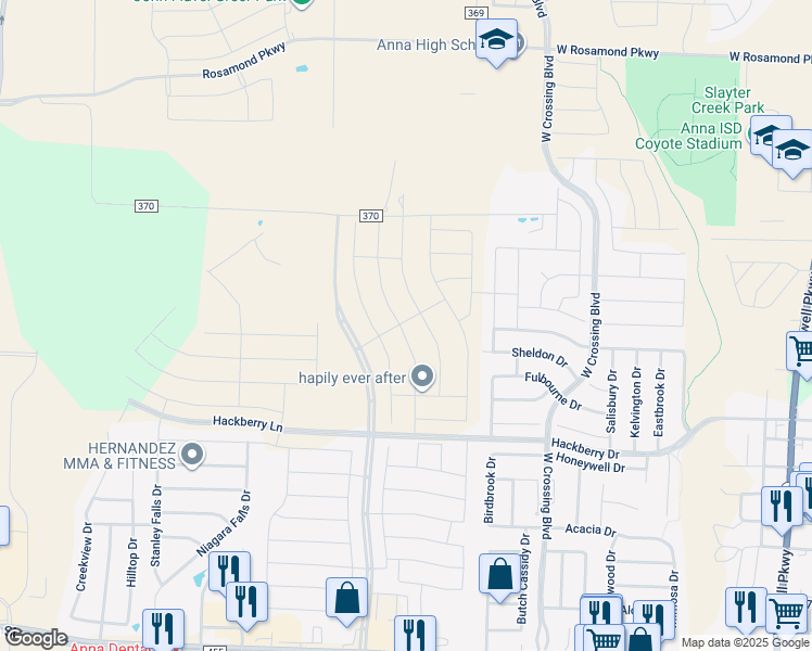 map of restaurants, bars, coffee shops, grocery stores, and more near 1510 West Hackberry Lane in Anna