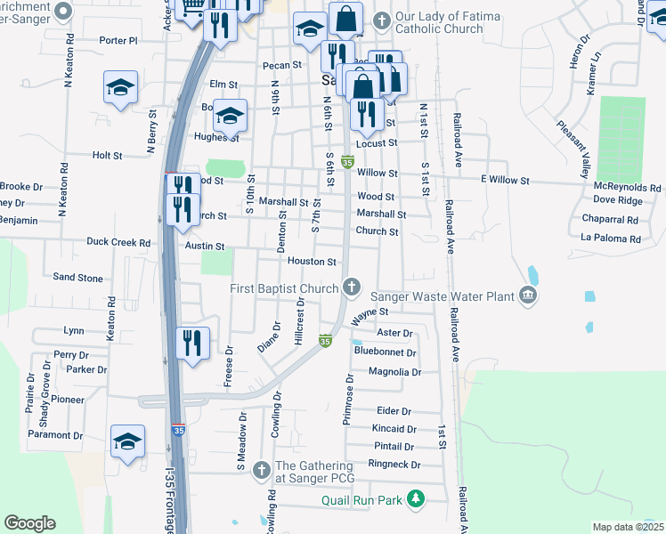 map of restaurants, bars, coffee shops, grocery stores, and more near 504 Houston Street in Sanger