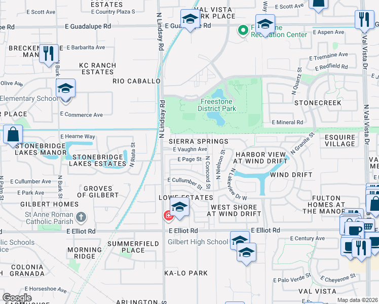 map of restaurants, bars, coffee shops, grocery stores, and more near 901 East Vaughn Avenue in Gilbert