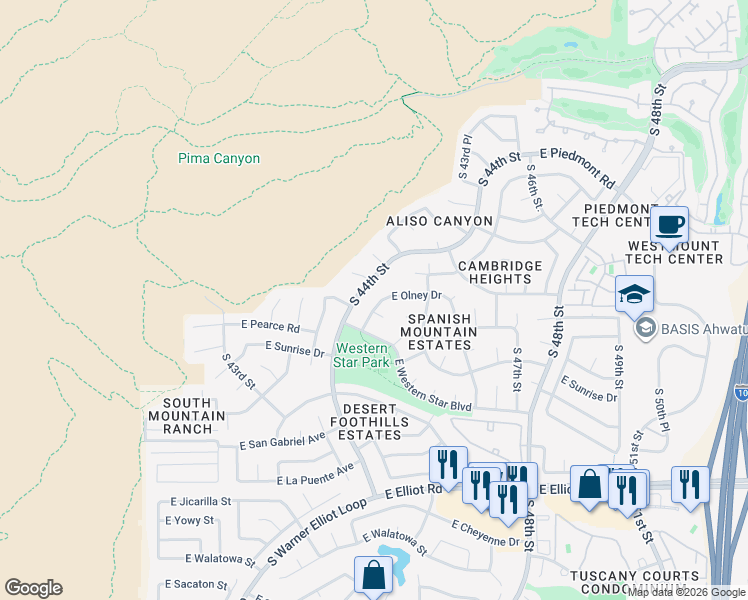 map of restaurants, bars, coffee shops, grocery stores, and more near 10012 South 44th Place in Phoenix