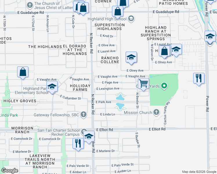 map of restaurants, bars, coffee shops, grocery stores, and more near 4107 East Lexington Avenue in Gilbert