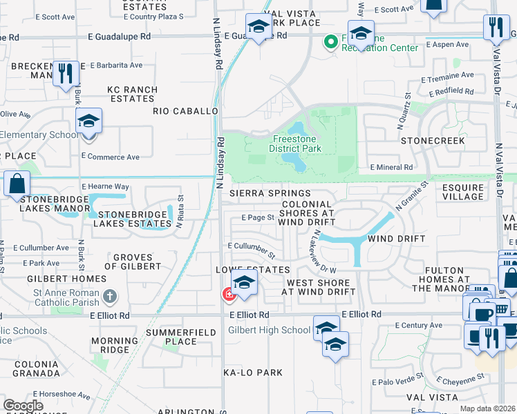 map of restaurants, bars, coffee shops, grocery stores, and more near 901 East Vaughn Avenue in Gilbert