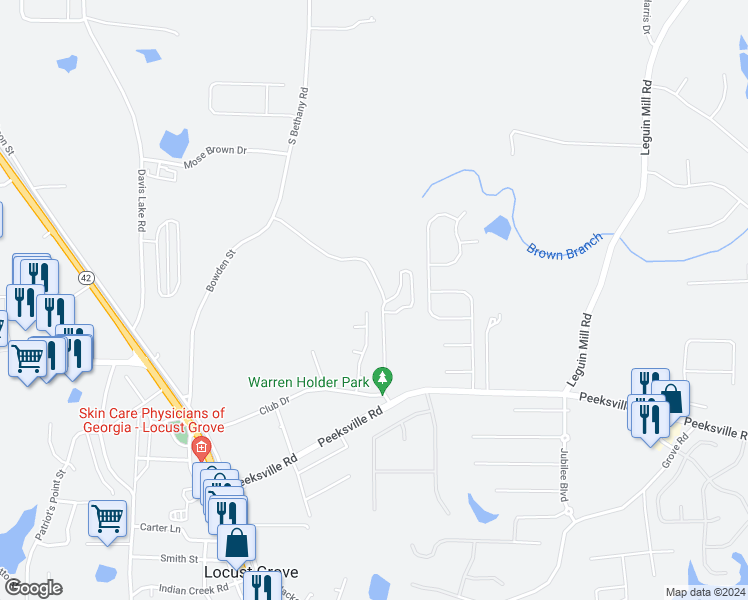 map of restaurants, bars, coffee shops, grocery stores, and more near 158 Mcarthur Drive in Locust Grove