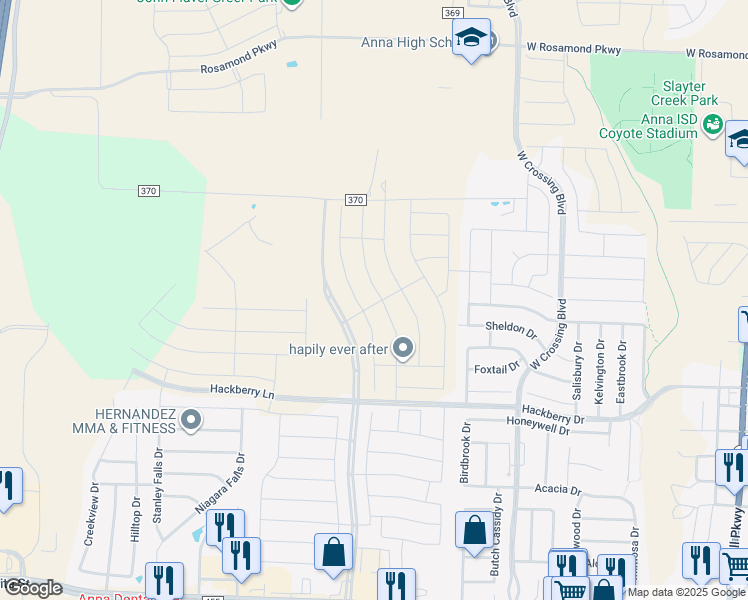 map of restaurants, bars, coffee shops, grocery stores, and more near 1510 West Hackberry Lane in Anna