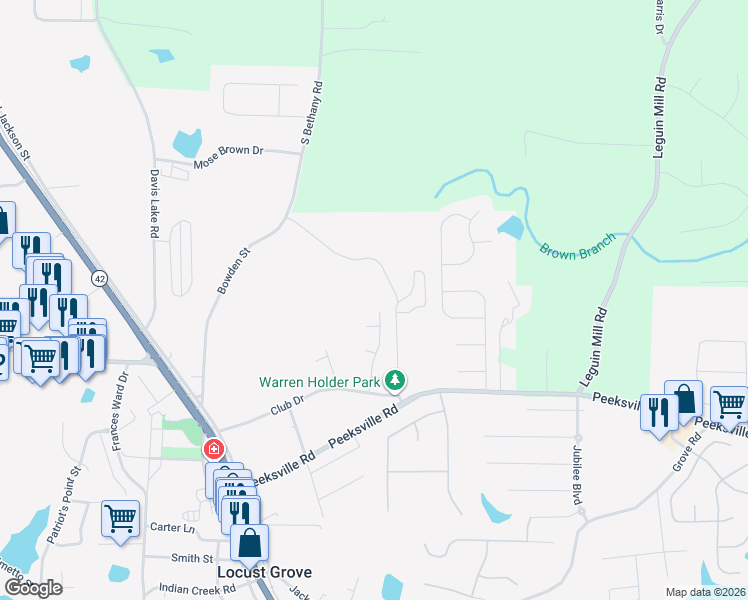 map of restaurants, bars, coffee shops, grocery stores, and more near 161 Mcarthur Drive in Locust Grove