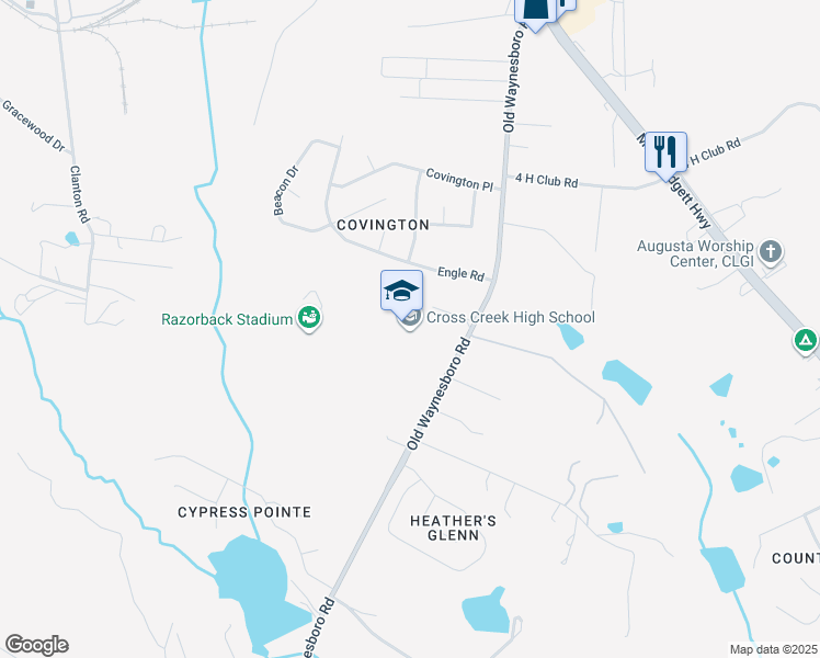 map of restaurants, bars, coffee shops, grocery stores, and more near 3855 Old Waynesboro Road in Augusta