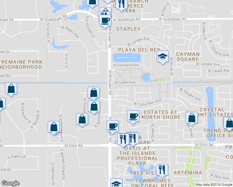 map of restaurants, bars, coffee shops, grocery stores, and more near 1552 West Page Avenue in Gilbert