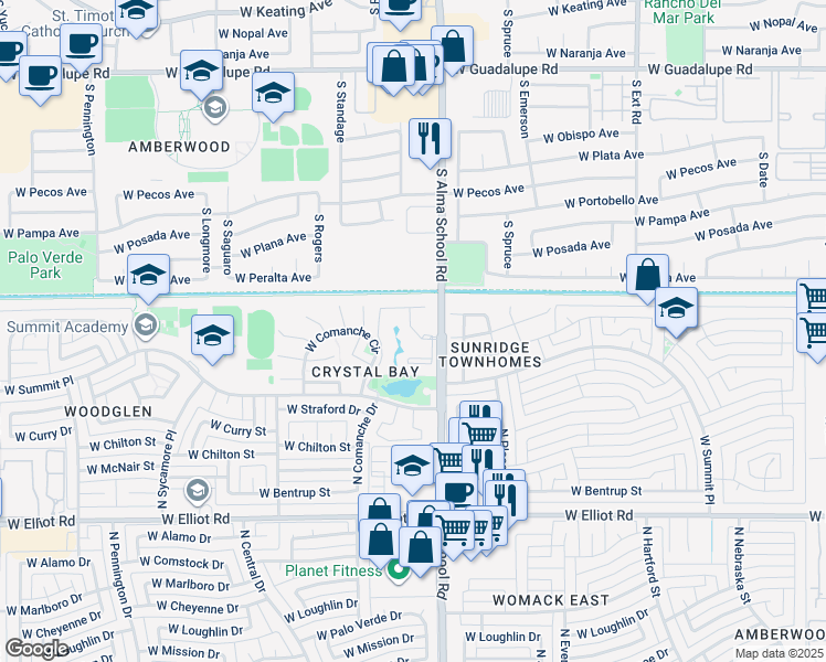 map of restaurants, bars, coffee shops, grocery stores, and more near 3400 North Alma School Road in Chandler