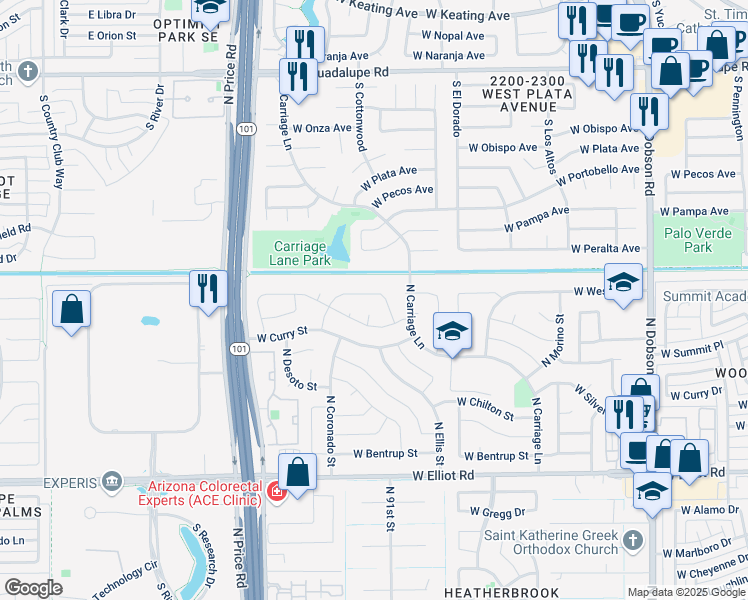 map of restaurants, bars, coffee shops, grocery stores, and more near 2505 West Summit Place in Chandler