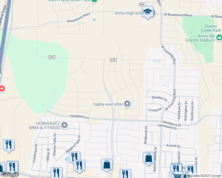 map of restaurants, bars, coffee shops, grocery stores, and more near 717 Santa Lucia Drive in Anna