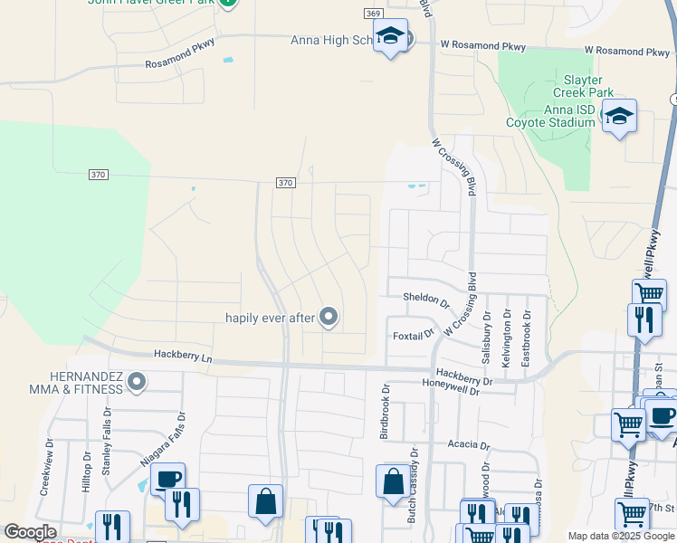 map of restaurants, bars, coffee shops, grocery stores, and more near 1-919 East Co Road 370 in Anna