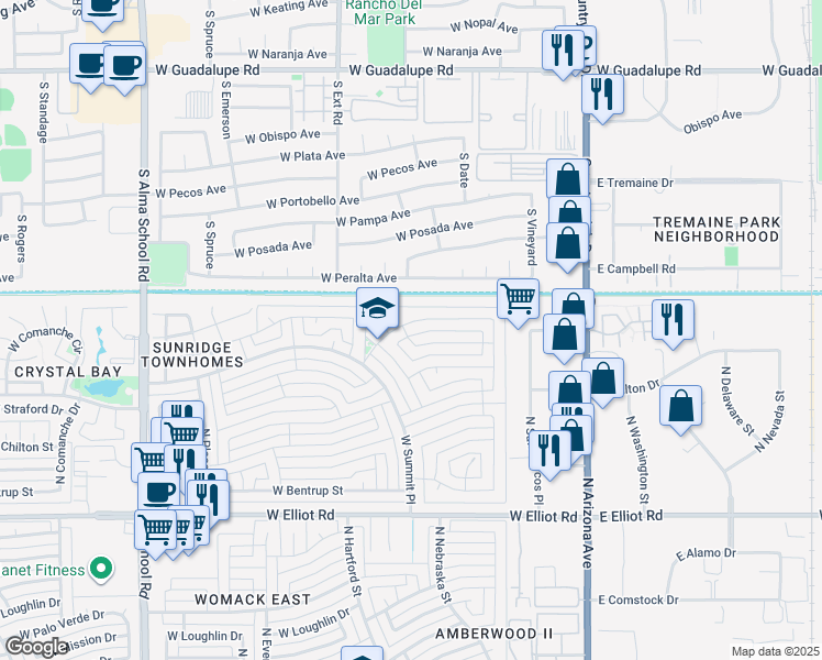 map of restaurants, bars, coffee shops, grocery stores, and more near 505 West Boxelder Place in Chandler