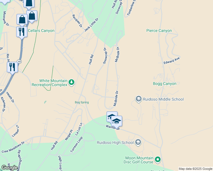 map of restaurants, bars, coffee shops, grocery stores, and more near 122 McBride Drive in Ruidoso