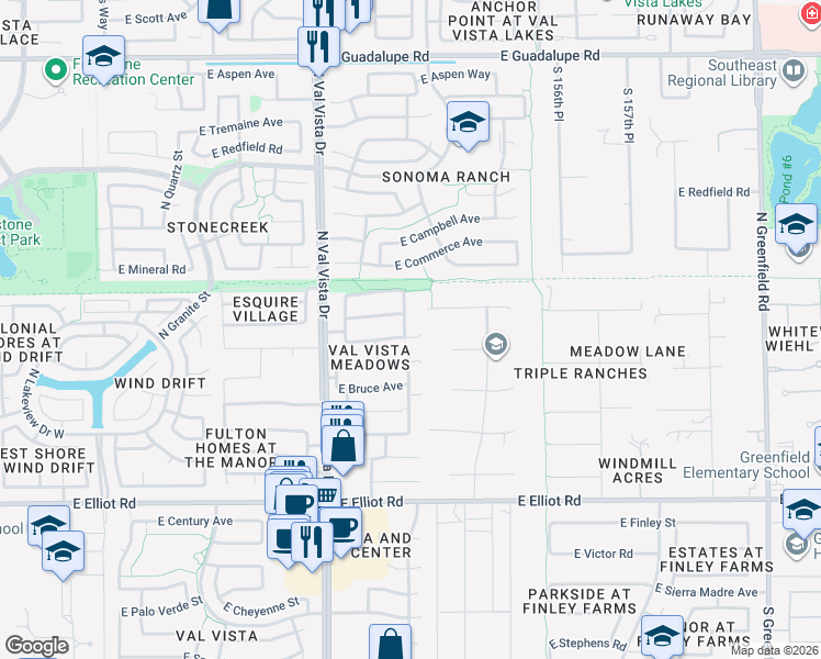 map of restaurants, bars, coffee shops, grocery stores, and more near 1705 East Cullumber Street in Gilbert