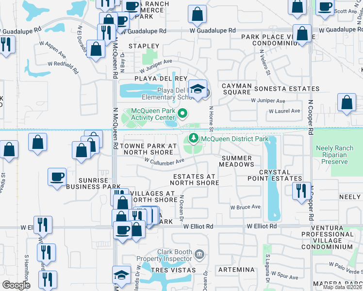 map of restaurants, bars, coffee shops, grocery stores, and more near 1333 West Vaughn Avenue in Gilbert