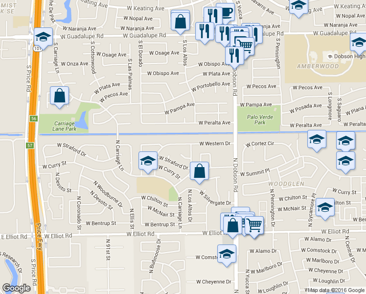map of restaurants, bars, coffee shops, grocery stores, and more near 3308 North Morino Street in Chandler