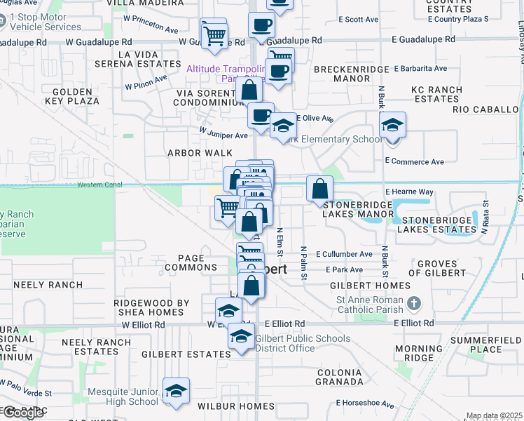map of restaurants, bars, coffee shops, grocery stores, and more near in Gilbert