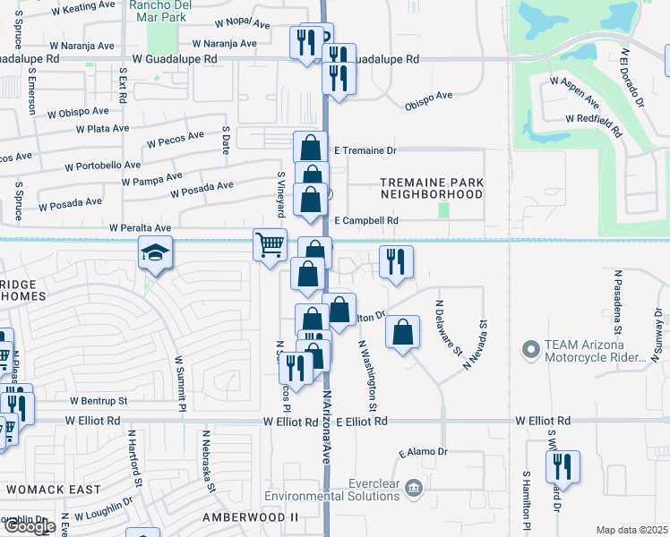 map of restaurants, bars, coffee shops, grocery stores, and more near 3491 North Arizona Avenue in Chandler