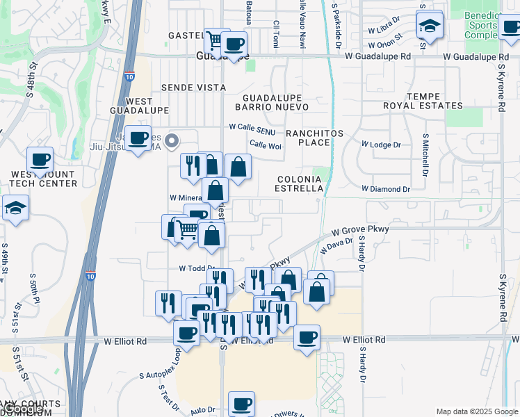 map of restaurants, bars, coffee shops, grocery stores, and more near 7017 South Priest Drive in Tempe