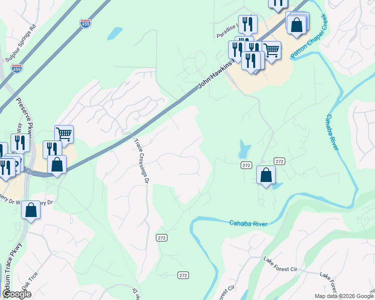 map of restaurants, bars, coffee shops, grocery stores, and more near 5418 Trace Ridge Lane in Birmingham