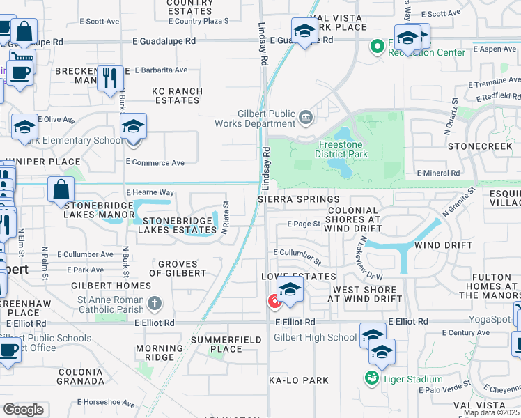 map of restaurants, bars, coffee shops, grocery stores, and more near 249 North Silverado Street in Gilbert