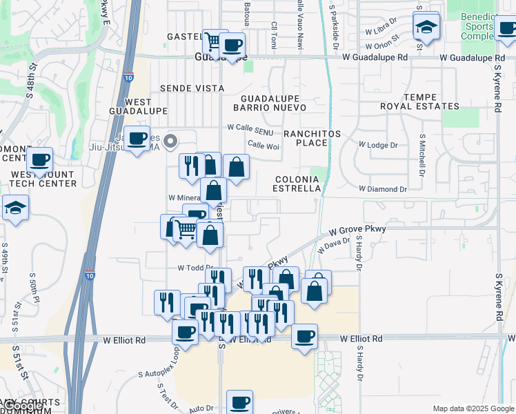 map of restaurants, bars, coffee shops, grocery stores, and more near 7017 South Priest Drive in Tempe