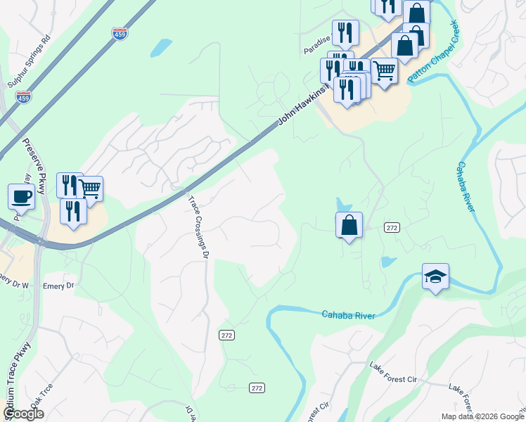 map of restaurants, bars, coffee shops, grocery stores, and more near 5418 Trace Ridge Lane in Birmingham