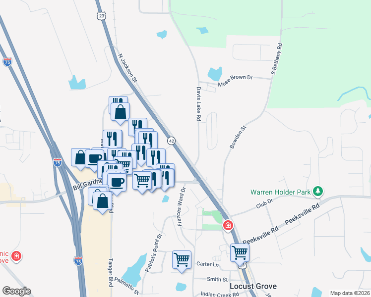 map of restaurants, bars, coffee shops, grocery stores, and more near 339 North Jackson Street in Locust Grove