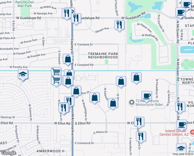 map of restaurants, bars, coffee shops, grocery stores, and more near 3491 North Arizona Avenue in Chandler