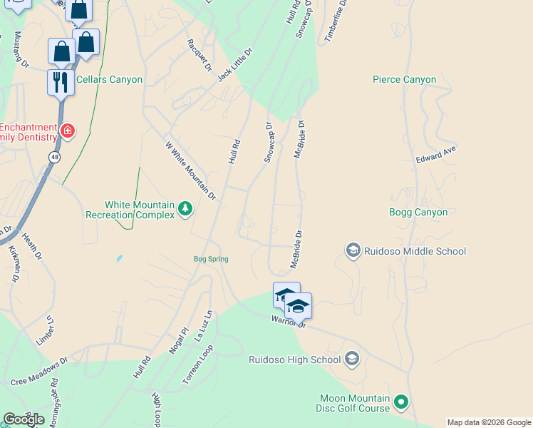 map of restaurants, bars, coffee shops, grocery stores, and more near 122 McBride Drive in Ruidoso