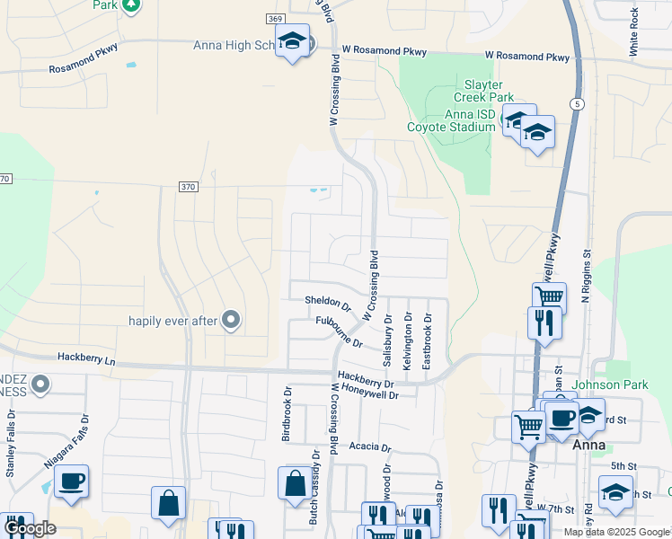 map of restaurants, bars, coffee shops, grocery stores, and more near 1114 Chatsworth Drive in Anna