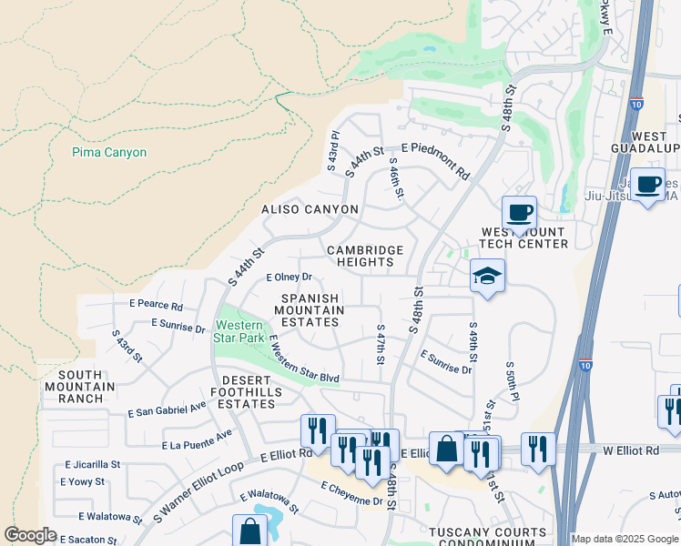 map of restaurants, bars, coffee shops, grocery stores, and more near 10021 South 46th Place in Phoenix