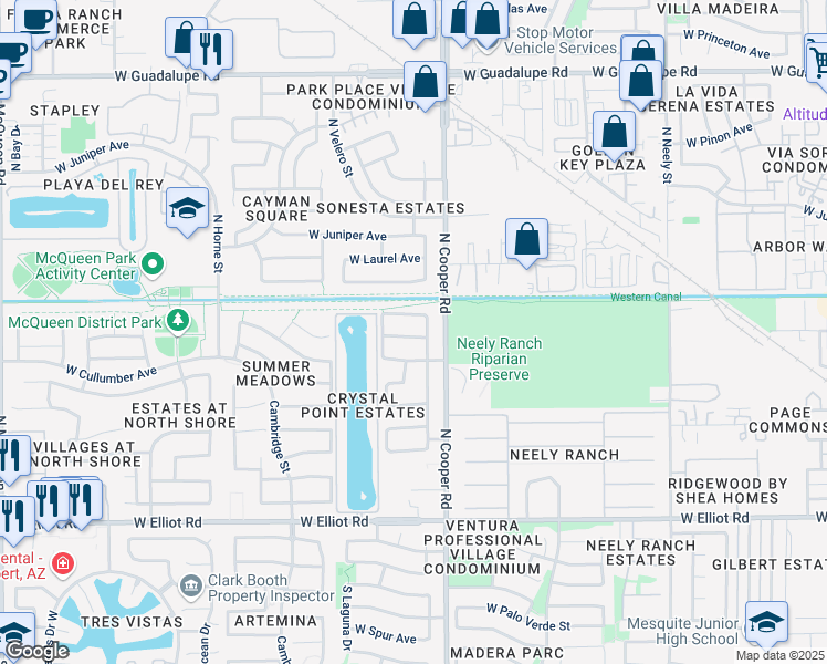 map of restaurants, bars, coffee shops, grocery stores, and more near 861 West Page Avenue in Gilbert